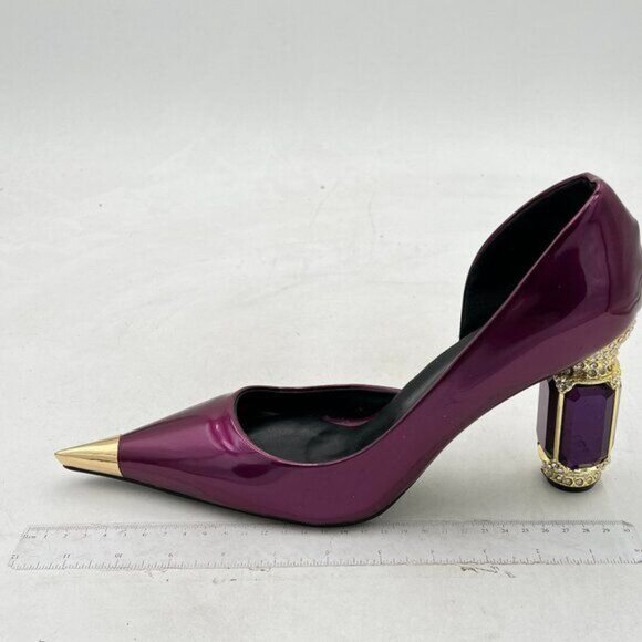 FSJ Purple Bridal Pointed Toe High Heel Crystal Pumps Slip on Wedding Thick Shoe - Picture 2 of 8